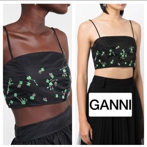 GANNI NYLON TOP F7835 floral embroidered crystal embellished Beaded square neck